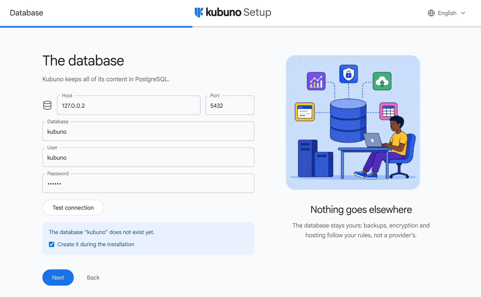 Database configuration screen, with the connection test and the offer to create the database