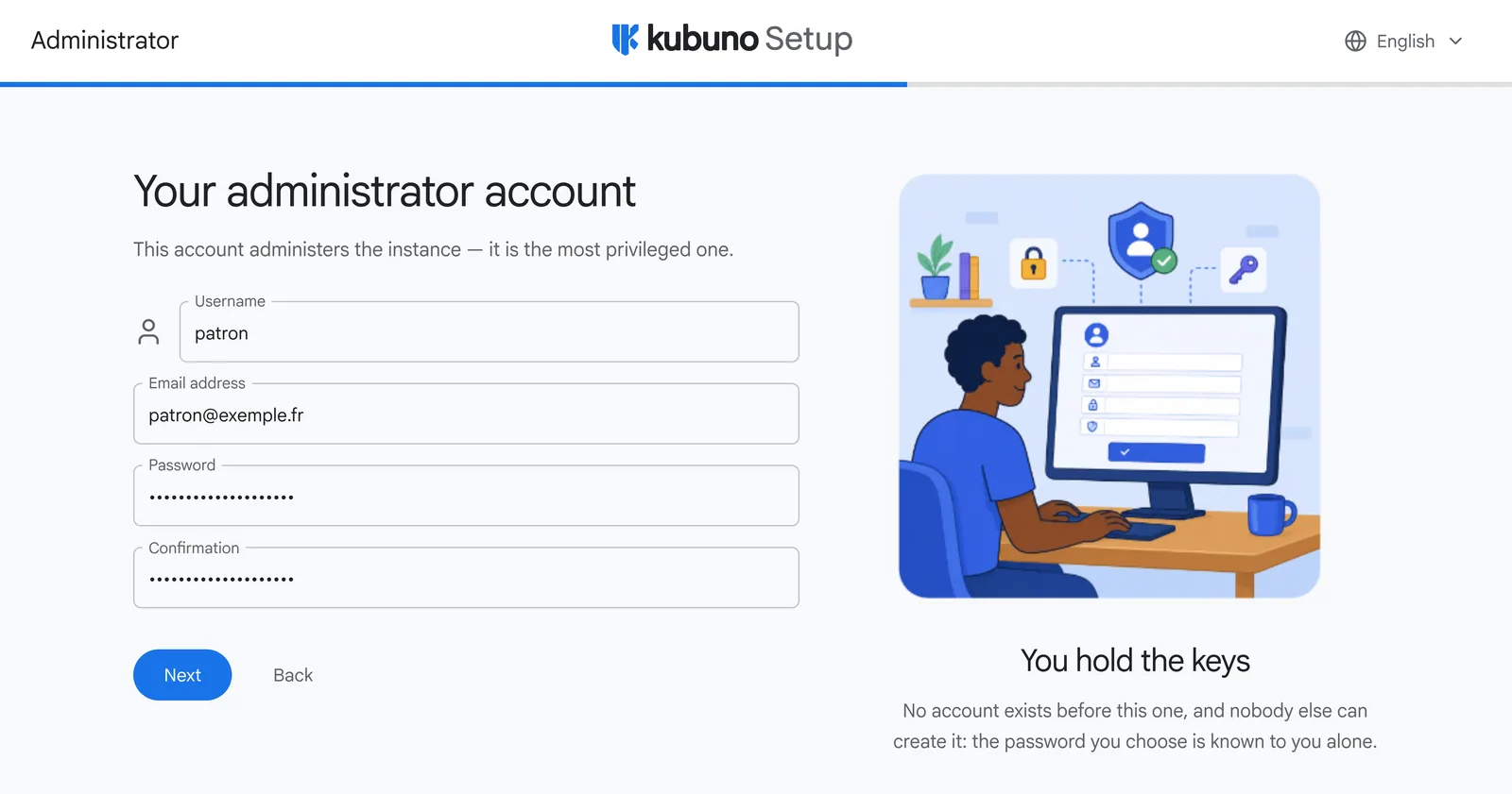 Administrator account screen: username, email address, password and confirmation
